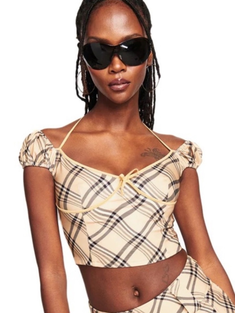 I am Gia Carmel Crop Plaid Top